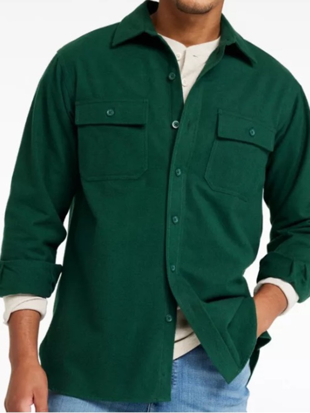 LLBean Chamois Forest Green Cotton Shirt, Large